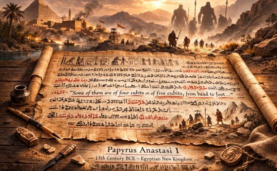 Стилизирано композитно изображение, вдъхновено от папируса "Анастаси I", с оригиналния йератичен текст на преден план и бледа фонова интерпретация на извисяващи се воини Шасу -  изображение, създадено с помощта на изкуствен интелект за илюстративни цели.