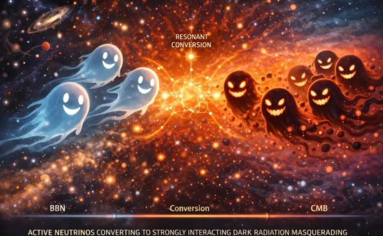 Илюстрация на неутрино, превръщащи се в тъмно лъчение в ранната Вселена.