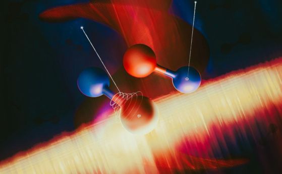 Две молекули азотен оксид се облъчват с атосекунден рентгенов импулс и освобождават електрон. Това е пример за фотоелектричния ефект.