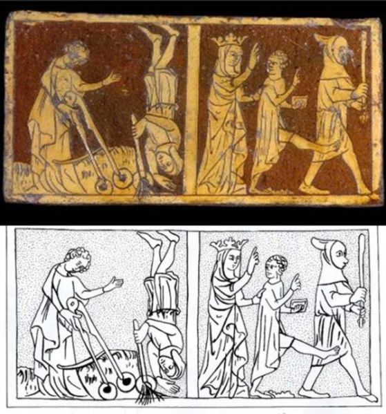 Средновековна плочка, открита в Тринг, Великобритания, и рисунките върху нея, изобразяващи събитие от детството на Исус. Две сцени: вляво, момче умира, защото е развалило басейнче, направен от кал от Исус; вдясно: то е възкресено и си тръгва. 