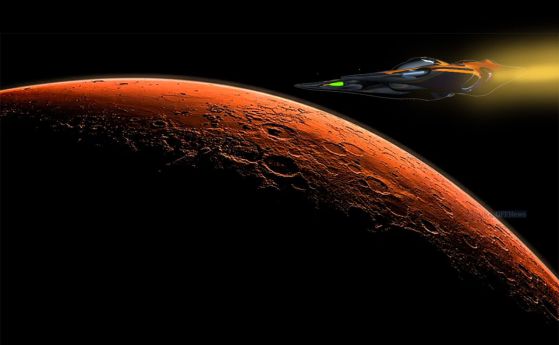 космически корад лети към Марс (илюстрация - колаж)