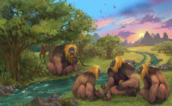 Художествено изображение на група Gigantopithecus blacki в гора в Южен Китай