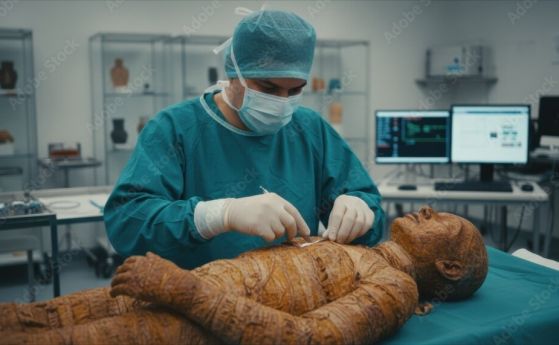 Изследовател проучва мумия