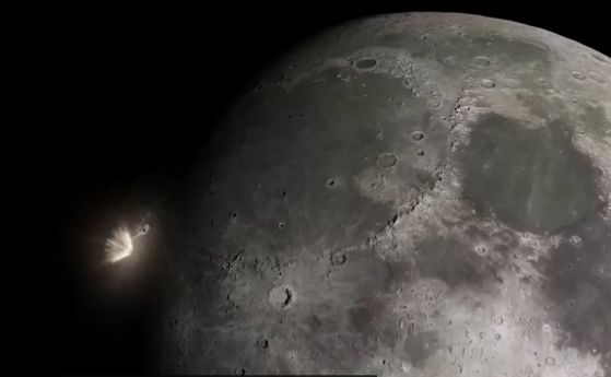 Стоп-кадър от анимационното видео на горния етап на SpaceX, удрящ лунната повърхност.