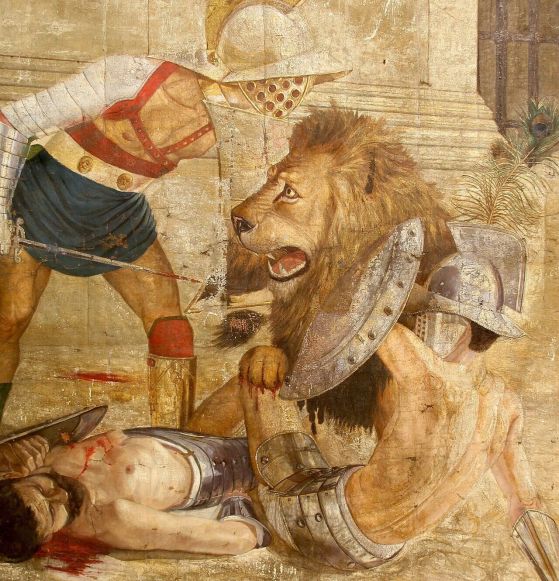 Гладиатор мурмило се бори с берберски лъв в Колизеума в Рим по време на "damnatio ad bestias" - брутална форма на смъртно наказание в Рим, при която осъдените на смърт са били хвърляни в арена, за да бъдат убити от диви животни