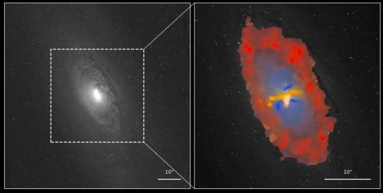 Галактиката NGC1386, показана в сиви тонове отляво и увеличена в централната област отдясно. Цветовете представляват образуването на звезди в червено, радиацията на черните дупки в синьо и ударните вълни в жълто