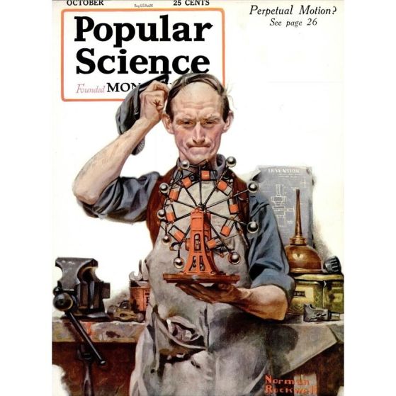 Броят на списание Popular Science от октомври 1920 г., посветен на вечния двигател. Въпреки че учените са установили несъвместимостта на вечния двигател със законите на физиката, идеята продължава да завладява въображението на изобретателите
