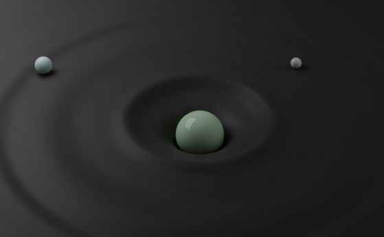 3D дигитална илюстрация на гравитационен кладенец, която визуално демонстрира как тежка маса огъва и изкривява тъканта на пространство-времето