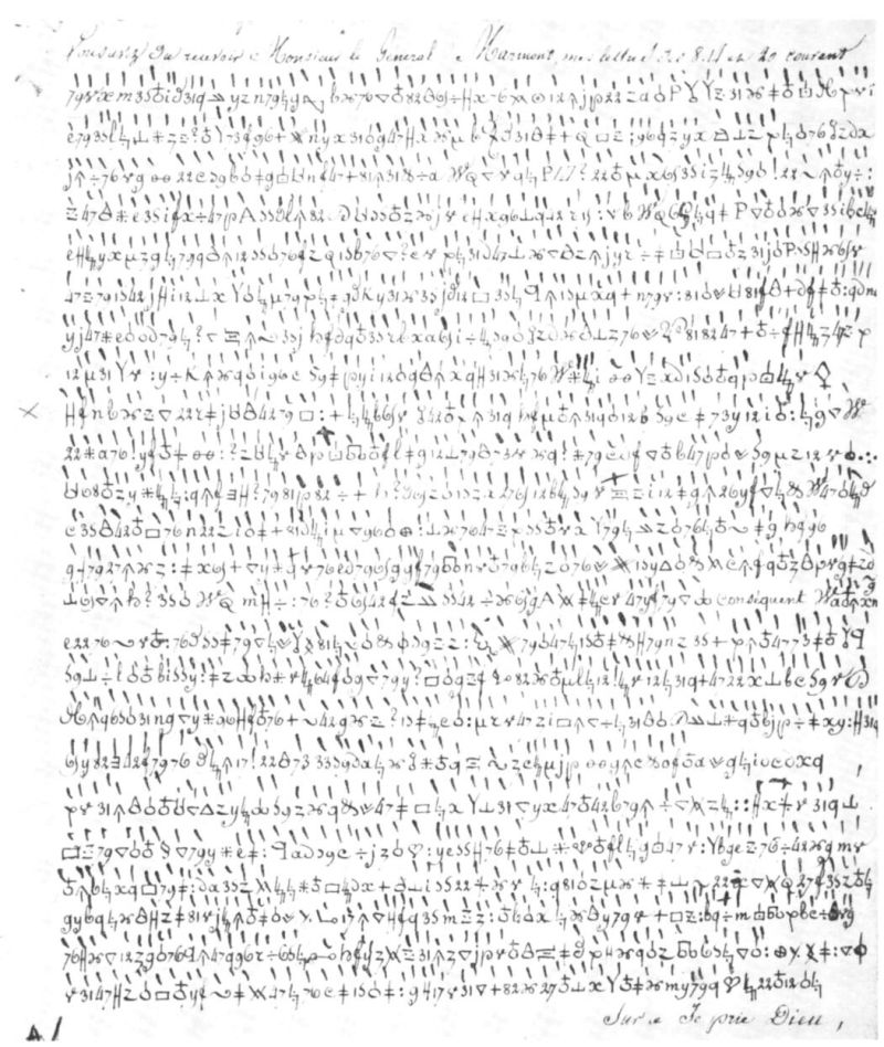 Единственото запазено възпроизвеждане на шифрованото писмо от 1809 г. до генерал Мармон, известно от дневникова табела на френската армия от 1969 г. (Carter Church, възпроизведено от J. Vilcoq, Revue historique des Armées, 1969)