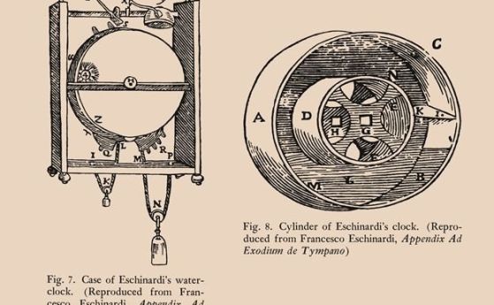Водният часовник на Франческо Ескинарди (възпроизведено в книгата му Appendix Ad Exodium de Tympano). 