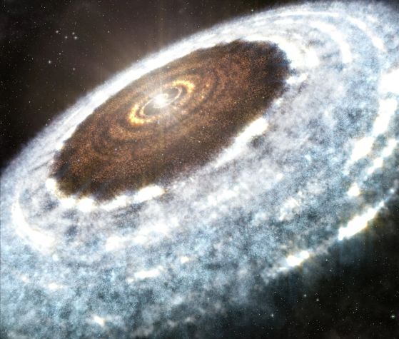 Художествено изображение на водната снежна линия около младата звезда V883 Orionis, открита с помощта на Atacama Large Millimeter Array (ALMA) през 2016 г