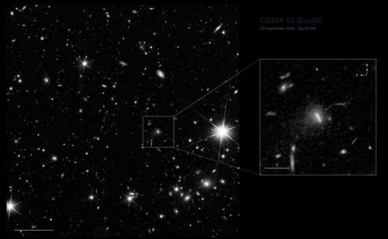 Космическият телескоп "Евклид" засне това изображение на кометата C/2026 S1 (Euclid), първата комета, открита от космическия телескоп. Това е щастлива случайност, тъй като мисията на "Евклид" е да измери милиарди галактики и 