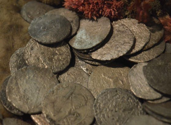 Сребърни монети Rijksdaalder от корабокрушението на Батавия (1629 г.). Музей Джералдтън, Западна Австралия.Geraldton Museum, Western Australia.