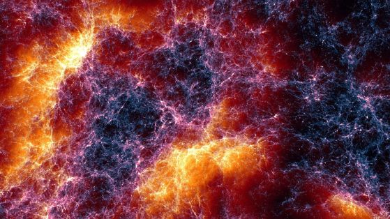 Рендер на космическата мрежа с диаметър около 650 милиона светлинни години, получено от симулацията Lumina. Фините нишки представляват тъмна материя, а топлите оранжеви и жълти тонове подчертават местата, където газът се движи най-бързо между галактическите клъстери. Кредит: Oliver Zier, Center for Astrophysics | Harvard & Smithsonian