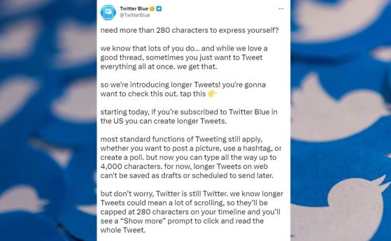 Абонаментът Twitter Blue вече позволява публикуването на големи постове с дължина до 4000 символа