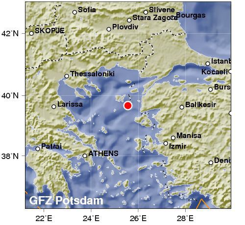 Карта на земетресението в Бяло море. Карта: gfz-potsdam.de