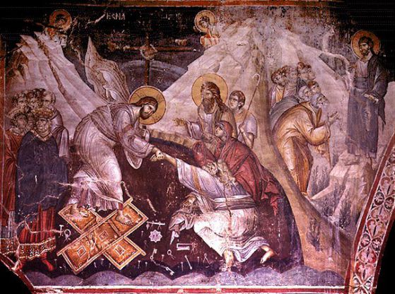 Възкресението на Христа и появата Му сред апостолите. Стенопис от 1290 г. от зографa Мануил Панселинос 