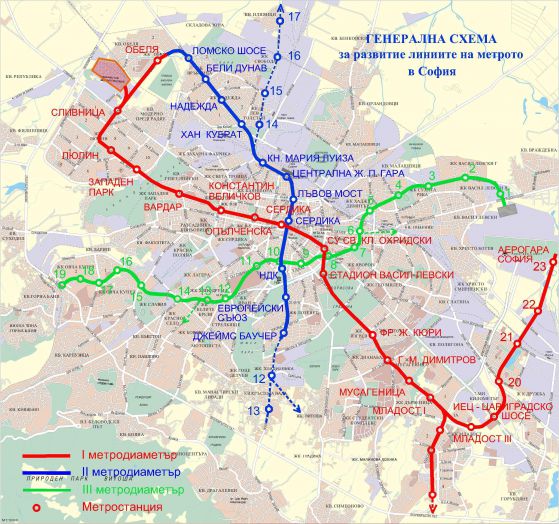 Генерална схема на метрото с трите линии.