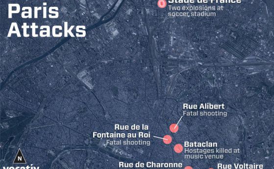 Къде атакуваха терористите в Париж: карта на нападенията