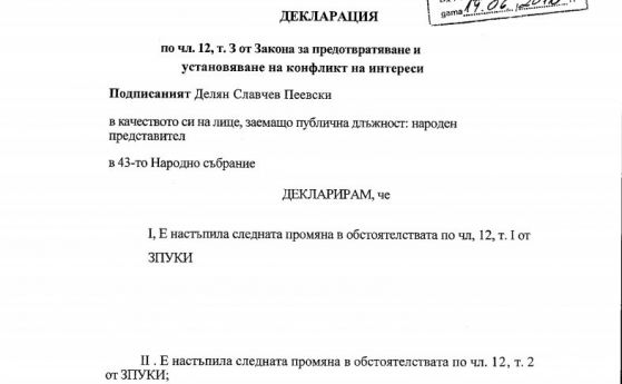 Пеевски декларира 100% собственост в нова фирма
