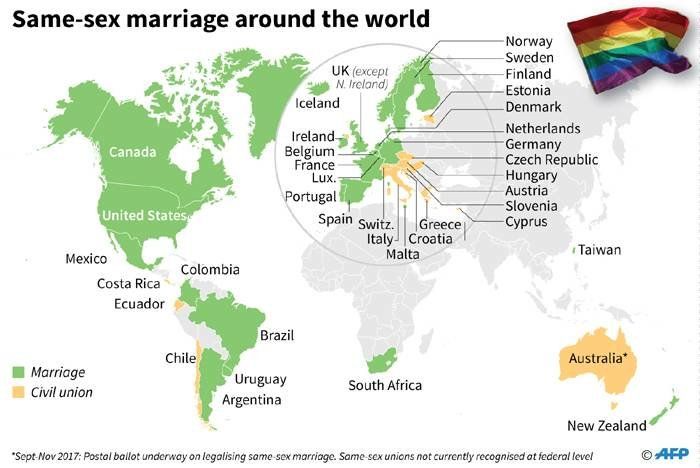 Тази карта на АФП показва държавите, в които еднополовите бракове