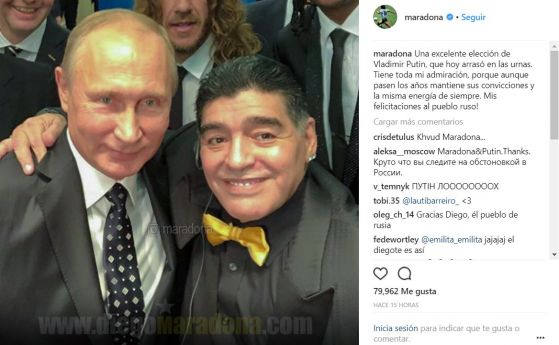 Марадона поздрави Путин за преизбирането му