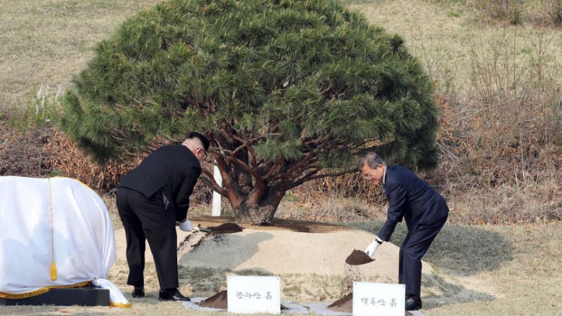 Севернокорейският лидер Ким Чен-ун и южнокорейският президент Мун Дже-ин посадиха