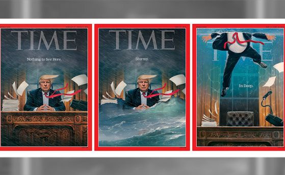 Тръмп в наводнен Овален офис на новата корица на Time