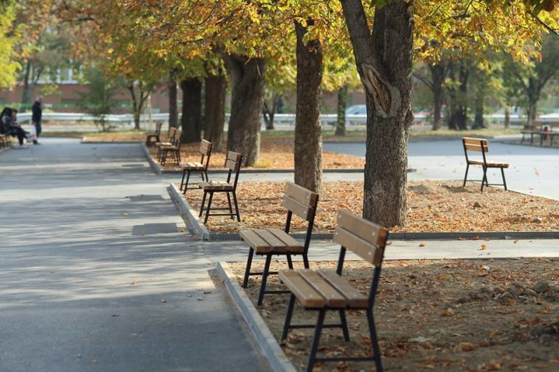 Пейки, монтирани в зелени площи на ново междублоково пространство в