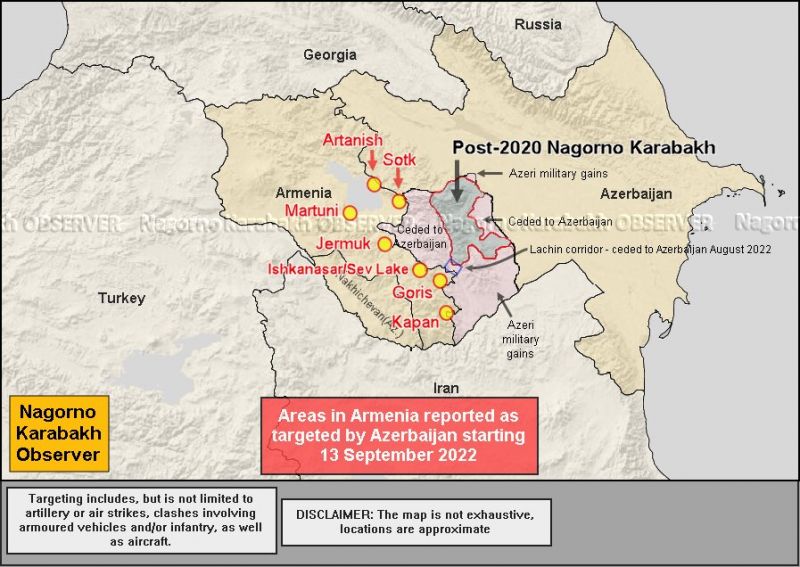 Карта на районите под азербайджански обстрел според арменските власти.