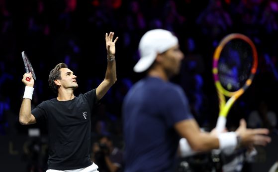 22 септември 2022 г.: Роджър Федерер и Рафаел Надал тренират за последния мач в кариерата на великия швейцарец - двубой на двойки на Laver Cup на 23.09. в The O2 Arena в Лондон.