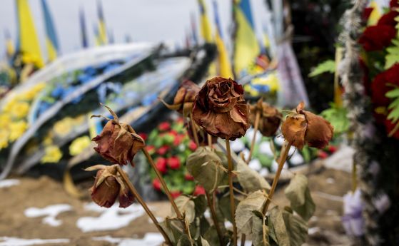 Мъртви рози върху гроб във военната част на гробището на 11 февруари 2023 г. в Харков, Украйна. Жертвите на войната - започната от Русия - са десетки хиляди и от едната, и от другата страна.