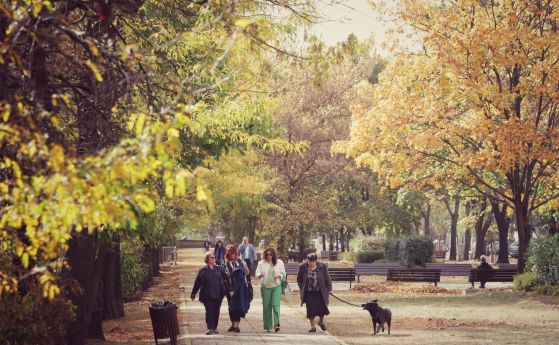 Жени се разхождат в приятното есенно време в парка.