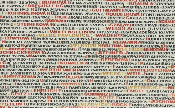 Част от имената на евреите, избити в района на Моравия по времето на Холокоста. Те са записани по стените на синагогата Пинкас в Прага