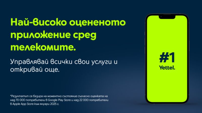 Мобилното приложение на Yettel с най-висока оценка сред апликациите на телекомите в България