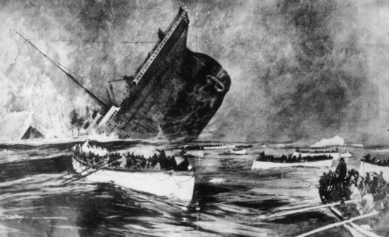 14th April 1912: Survivors watch from the lifeboats as the ill-fated White Star liner, the 'Titanic', plunges beneath the waves. Original Publication: Illustrated London News - pub. 1912 Original Publication: From a special supplement of 'Graphic'. (Photo