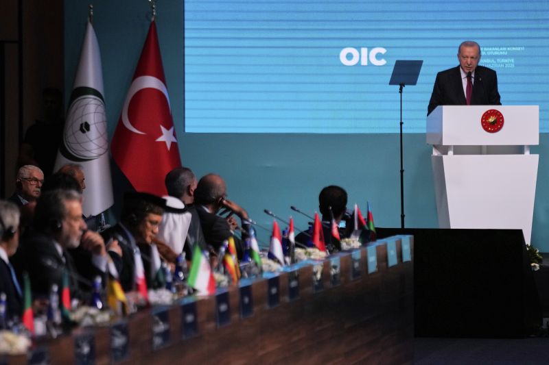 Президентът на Турция Реджеп Тайип Ердоган говори на откриването на Съвета на външните министри на Организацията за ислямско сътрудничество в Истанбул - 21.06.2025 г. 