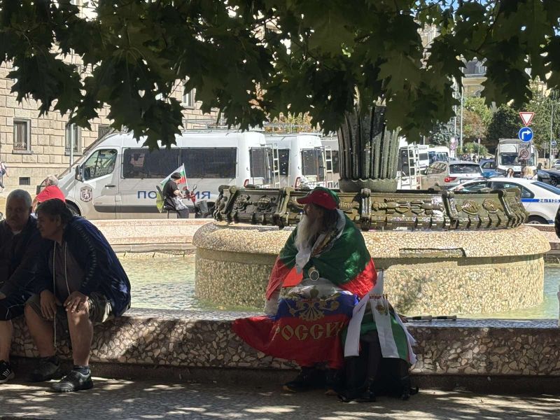 Мъж с руско знаме на фонтана пред президентството