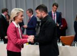 Председателката на ЕК Урсула фон дер Лайен поздравява украинския президент Володимир Зеленски преди срещата на върха на Европейската политическа общност в датската столица Копенхаген, 2 октомври 2025 г.