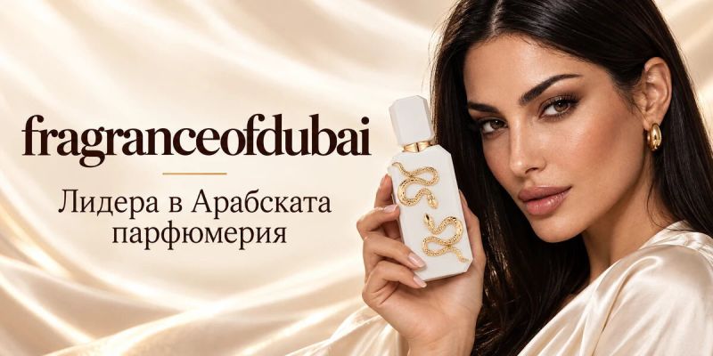 Банер на Fragrance of Dubai с жена, която държи парфюмен флакон