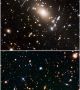 Тези изображения (които може да видите и в галерията горе) са по програмата Frontier Fields на космическия телескоп Хъбъл. Това са масивни галактични клъстери, които действат като гравитационни лещи в космоса, увеличавайки изображенията на далечни фонови обекти, които иначе би биха били твърде малки и бледи, за да се видят с Хъбъл.  Снимка: NASA, ESA, STScI, and the HFF team