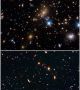 Тези изображения (които може да видите и в галерията горе) са по програмата Frontier Fields на космическия телескоп Хъбъл. Това са масивни галактични клъстери, които действат като гравитационни лещи в космоса, увеличавайки изображенията на далечни фонови обекти, които иначе би биха били твърде малки и бледи, за да се видят с Хъбъл.  Снимка: NASA, ESA, STScI, and the HFF team