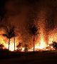 От началото на изригването на вулкана Килауеа общо 12 пукнатини се отвориха и изливат непрекъснато лава върху околните пътища гори и къщи на Големия остров.

Настъпващите огнени разтопени скали предизвикват пожари - общо 35 сгради, повечето от които домове, са изгорели, откакто започна изригването на 3 май.  Снимка: USGS